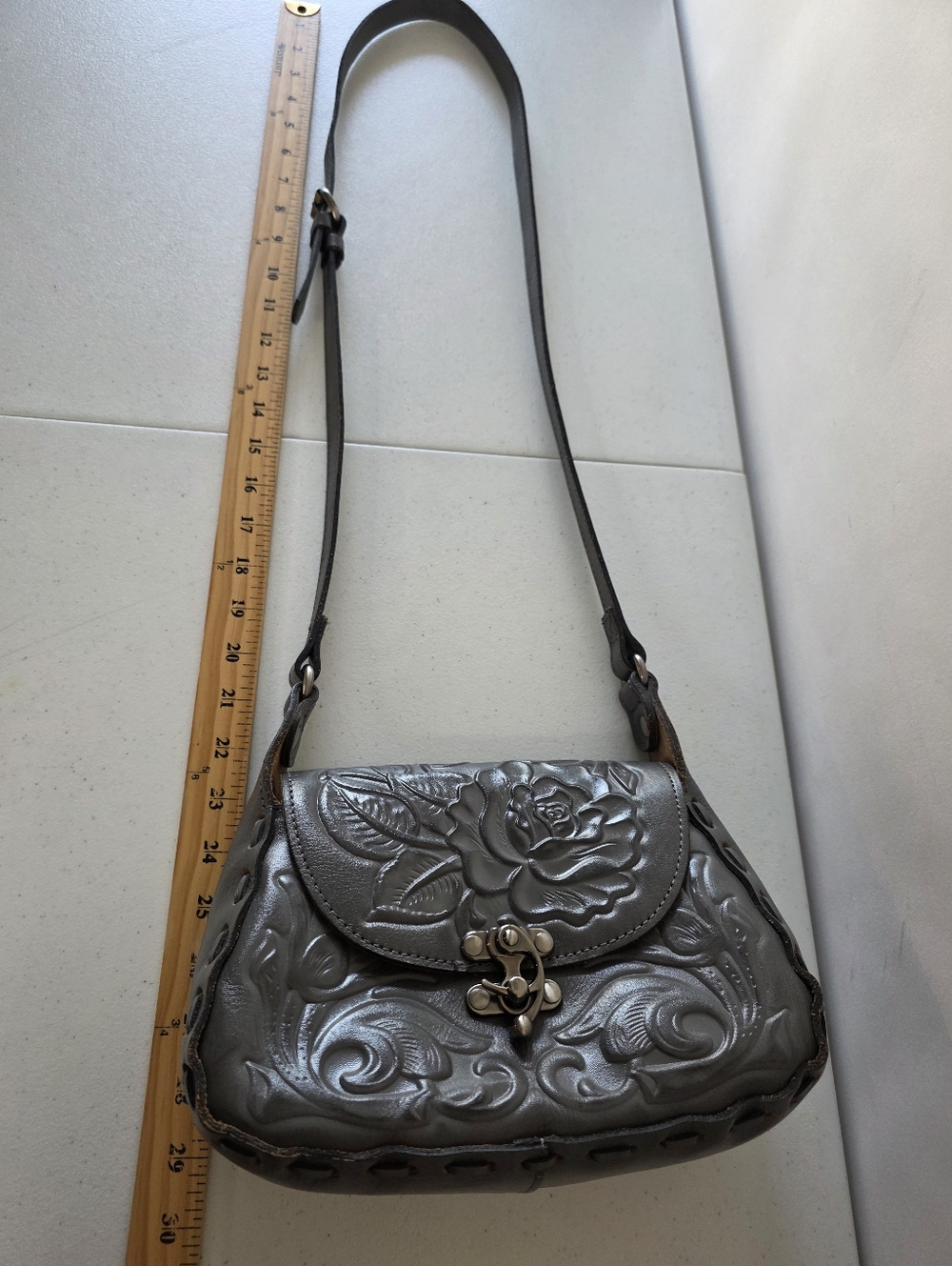 Patricia Nash Metallic Gray Tooled Leather Crossbody Bag - Picture 10 of 15